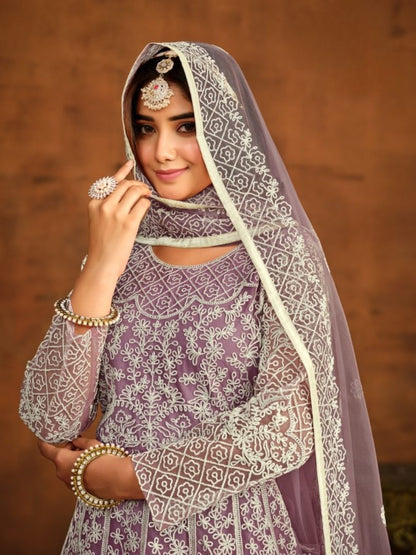 Lavender Embroidered Net Semi Stitched Anarkali Suit