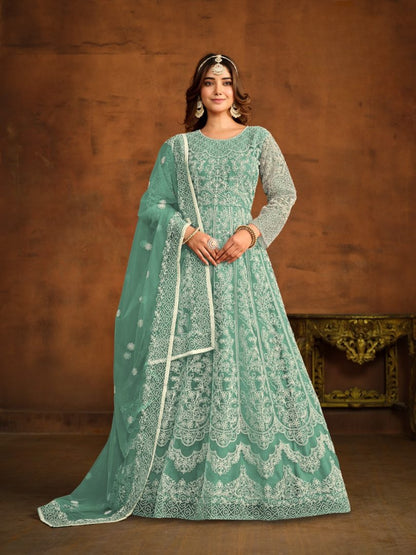 Sky Blue Embroidered Net Semi Stitched Anarkali Suit