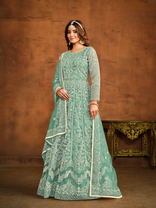 Sky Blue Embroidered Net Semi Stitched Anarkali Suit