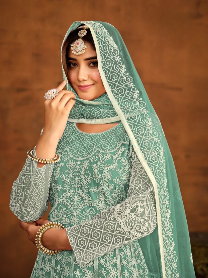 Sky Blue Embroidered Net Semi Stitched Anarkali Suit