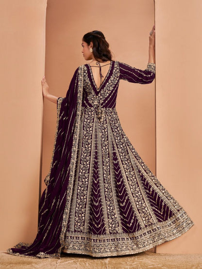 Purple Georgette Embroidered Semi Stitched Salwar Suit