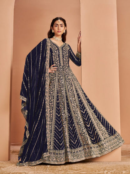 Navy Blue Georgette Embroidered Semi Stitched Salwar Suit