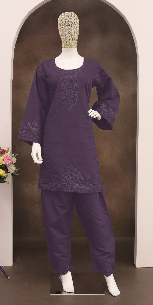 Violet Embroidery and Thread Work Cotton Semi Stitched Salwar Suit