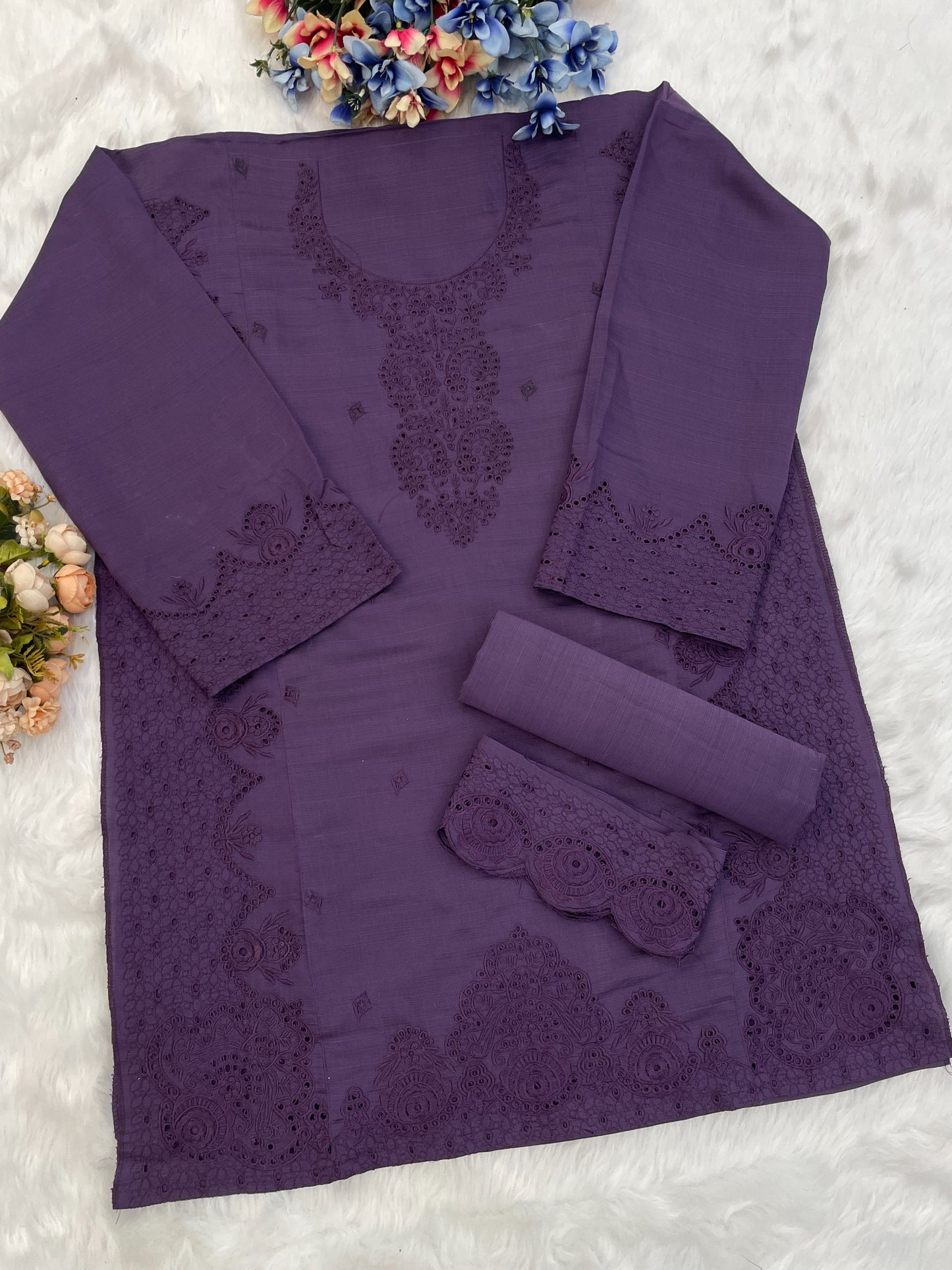 Violet Embroidery and Thread Work Cotton Semi Stitched Salwar Suit