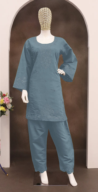 Sky Blue Embroidery and Thread Work Cotton Semi Stitched Salwar Suit
