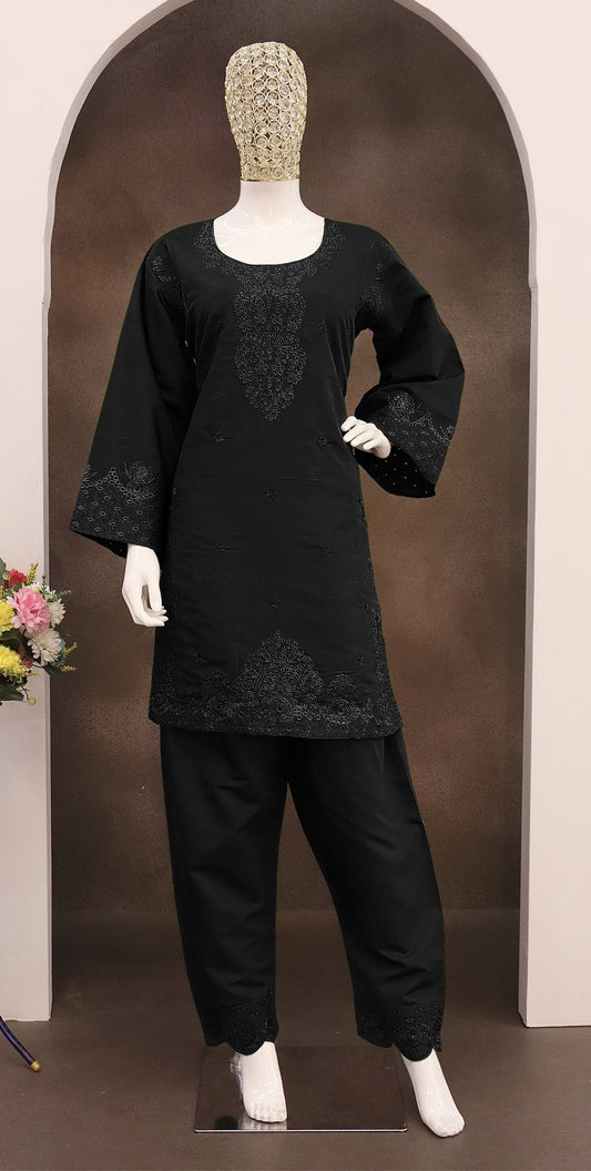 Black Embroidery and Thread Work Cotton Semi Stitched Salwar Suit