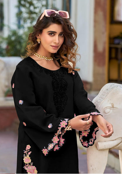 Black Embroidered and Viscose Thread work Cotton Semi Stitched Salwar Suit