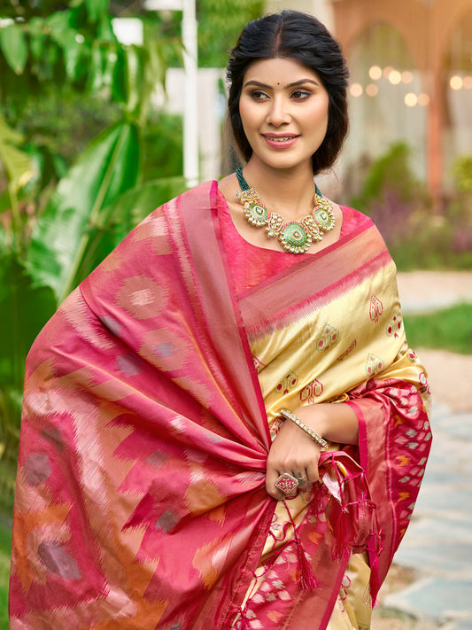 Cream Soft Silk Saree with Floral Printed Work with Blouse