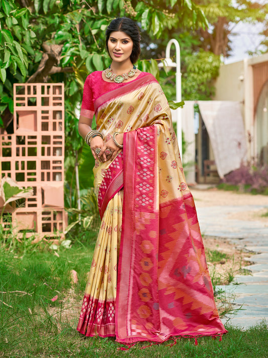 Cream Soft Silk Saree with Floral Printed Work with Blouse