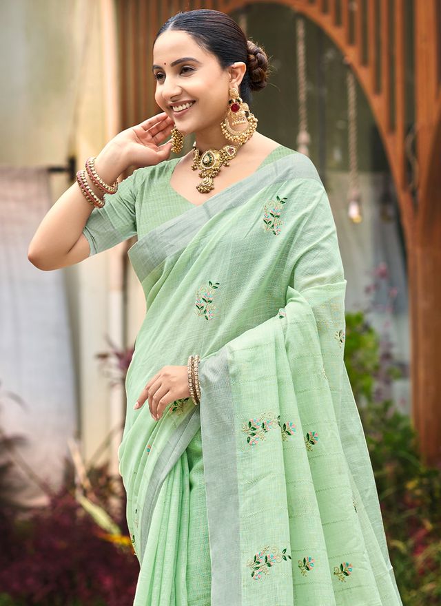 Green Color Beautiful Linen Fabric Sophisticated Ethnic Saree