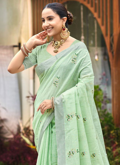 Green Color Beautiful Linen Fabric Sophisticated Ethnic Saree