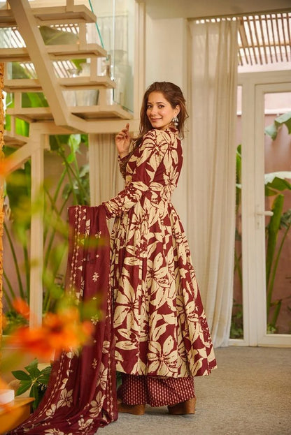 Burgundy Color Muslin Fabric Designer Printed Readymade Ceremonial Palazzo Dress