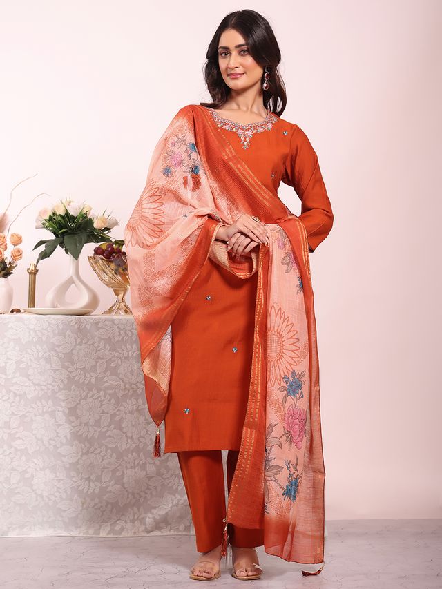 Rust Color Poly Silk Fabric Smart Ethnic Partywear Kurta Set