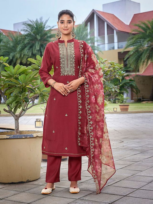 Maroon Color Stylish Partywear Readymade Ethnic Suit