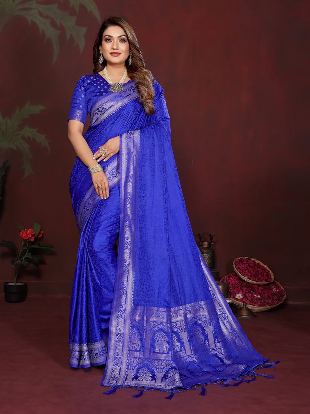 Blue Color Satin Silk Fabric Woven Jari Designer Sophisticated Saree