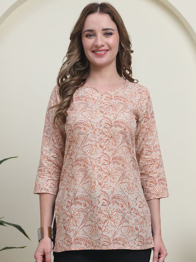 Peach Color Cambric Cotton Fabric Designer Printed Formal Short Kurta