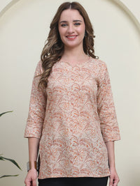 Peach Color Cambric Cotton Fabric Designer Printed Formal Short Kurta
