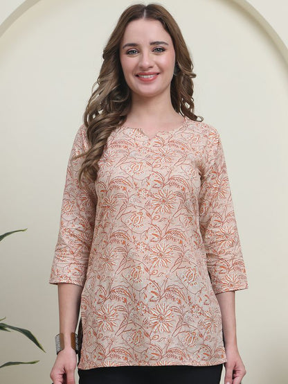 Peach Color Cambric Cotton Fabric Designer Printed Formal Short Kurta