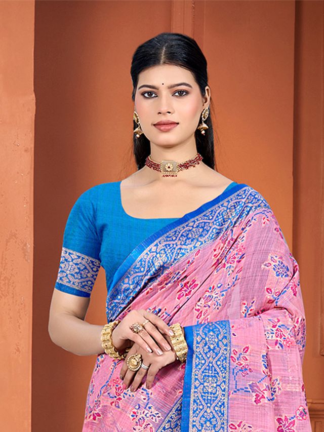 Pink Color Cotton Silk Fabric Woven Meenakari Designer Ethnic Saree
