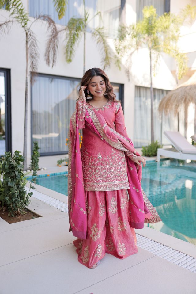 Pink Color Fendy Crush Fabric Classy Sequins Embroidered Partywear Readymade Suit With Dupatta