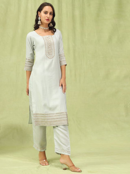 Grey Color Viscose Roman Silk Fabric Designer Embroidery Work Sophisticated Girlie Salwar Kameez