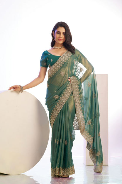 Chiku Color Stylish Heavy Partywear Saree For Rich Girlie Looks