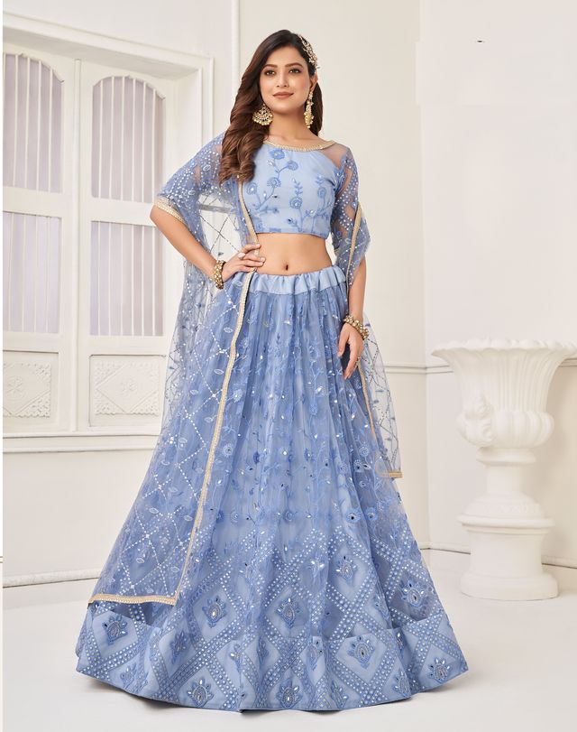 Blue Heavy Embroidery Net Semi Stitch A Line Lehenga With Blouse