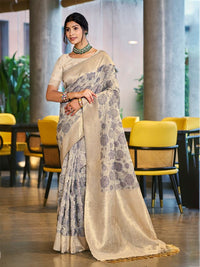 Light Grey Color Cotton Silk Fabric Woven Designer Ceremonial Saree