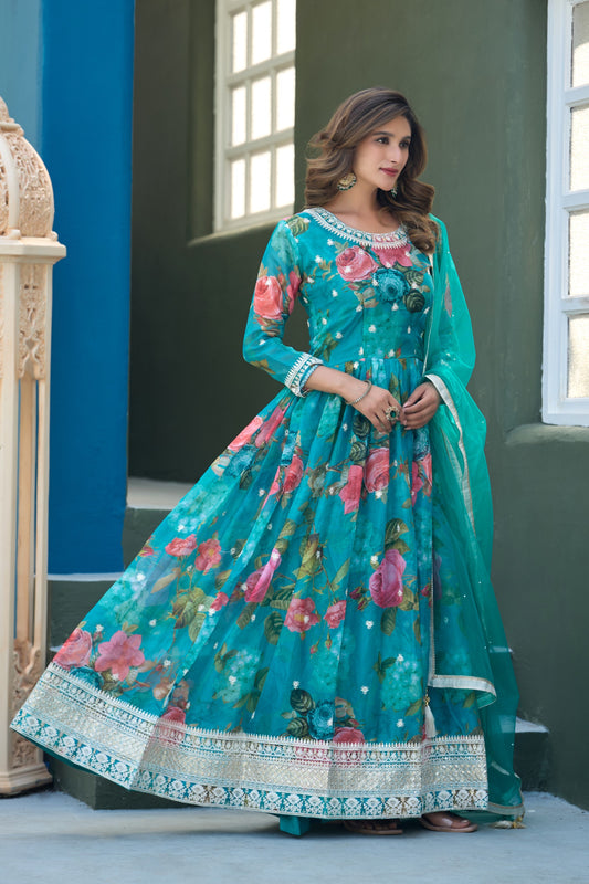 Blue Taby Silk Readymade Anarkali Suit with Embroidery Thread & Sequence Work