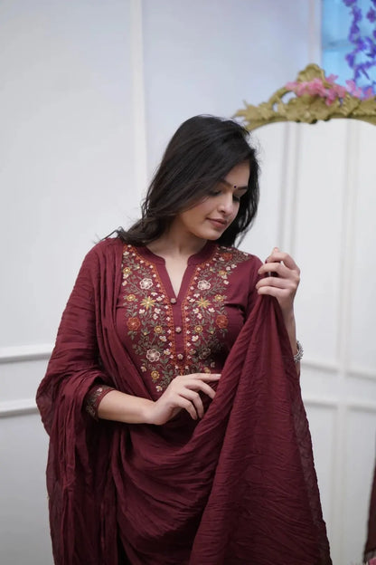 Women's Beautiful Rayon Slub Fabric Thread Work Straight Kurta Pant and Dupatta Set