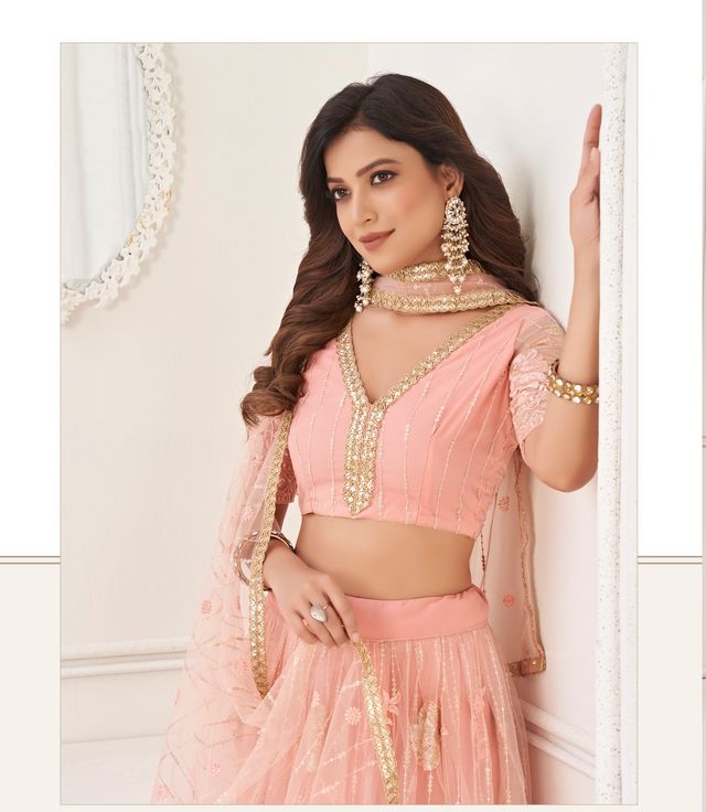 Peach Heavy Embroidery Net Semi Stitch A Line Lehenga With Blouse