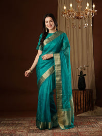 Aqua Blue Color Girlie Organza Fabric Woven Jacquard Designer Saree