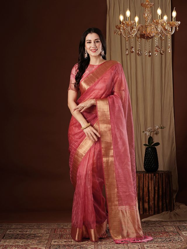 Peach Color Girlie Organza Fabric Woven Jacquard Designer Saree