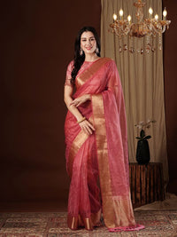 Peach Color Girlie Organza Fabric Woven Jacquard Designer Saree