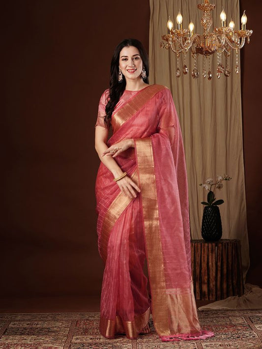 Peach Color Girlie Organza Fabric Woven Jacquard Designer Saree
