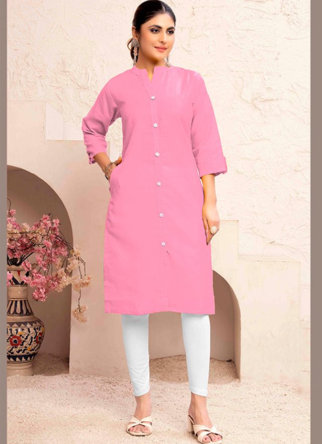 Baby Pink Color Magic Cotton Fabric Solid Designer Formal Girlie Kurta