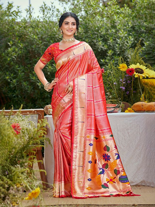 Woven Meenakari Designer Coral Pink Color Ethnic Partywear Saree