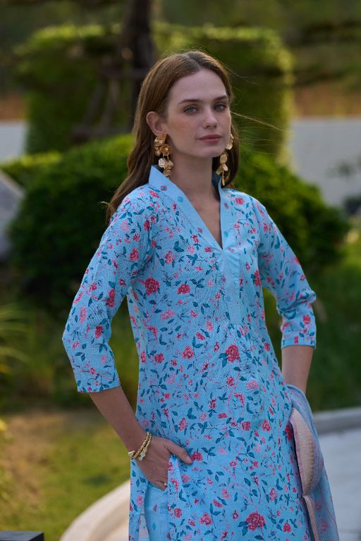 Women's Gorgeous Cotton Printed Straight Kurta with Pant And Dupatta Set