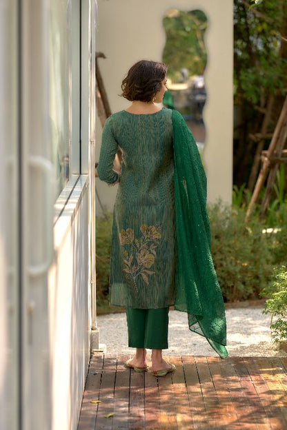 Women's Gorgeous Tissue Embroidered Straight Kurta with Pant And Dupatta Set