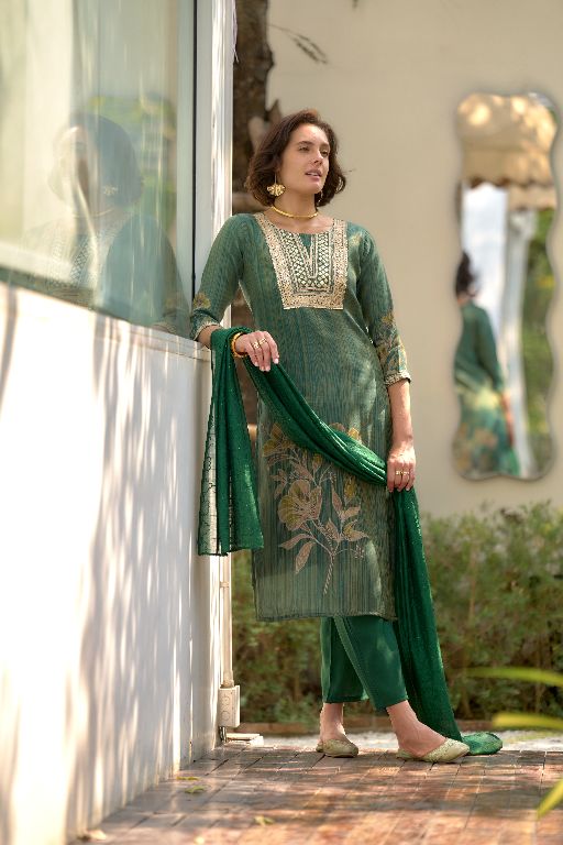 Women's Gorgeous Tissue Embroidered Straight Kurta with Pant And Dupatta Set