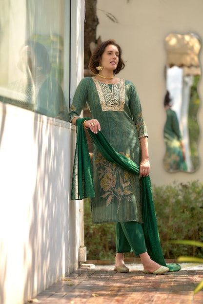Women's Gorgeous Tissue Embroidered Straight Kurta with Pant And Dupatta Set