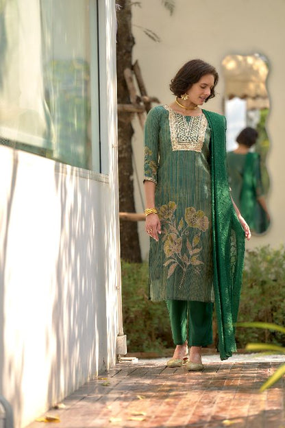 Women's Gorgeous Tissue Embroidered Straight Kurta with Pant And Dupatta Set