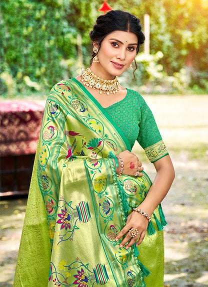 Green Color Silk Blended Woven Designer Ethnic Partywear Saree