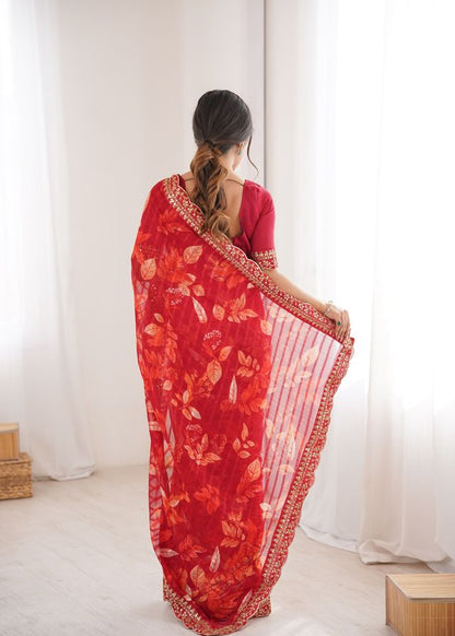 Red Color Marble Patta Fabric Stylish Festive Special Saree