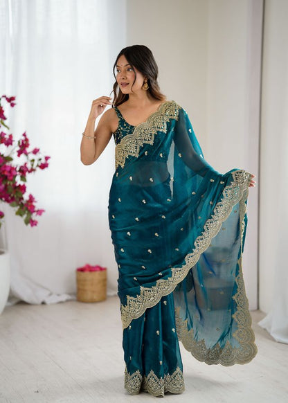 Rama Color Fendy Chiffon Fabric Beautiful Embroidered Saree