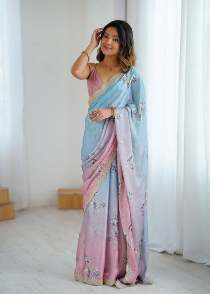 Sky-Peach Color Beautiful Satin Chiffon Fabric Beautiful Stylish Saree