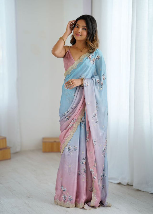 Sky-Peach Color Beautiful Satin Chiffon Fabric Beautiful Stylish Saree