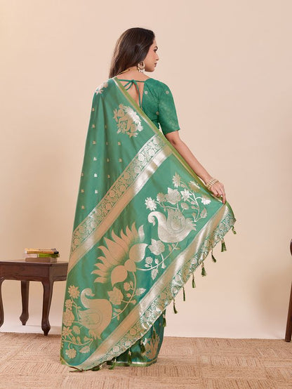 Green Color Soft Silk Fabric Woven Jari Designer Partywear Saree