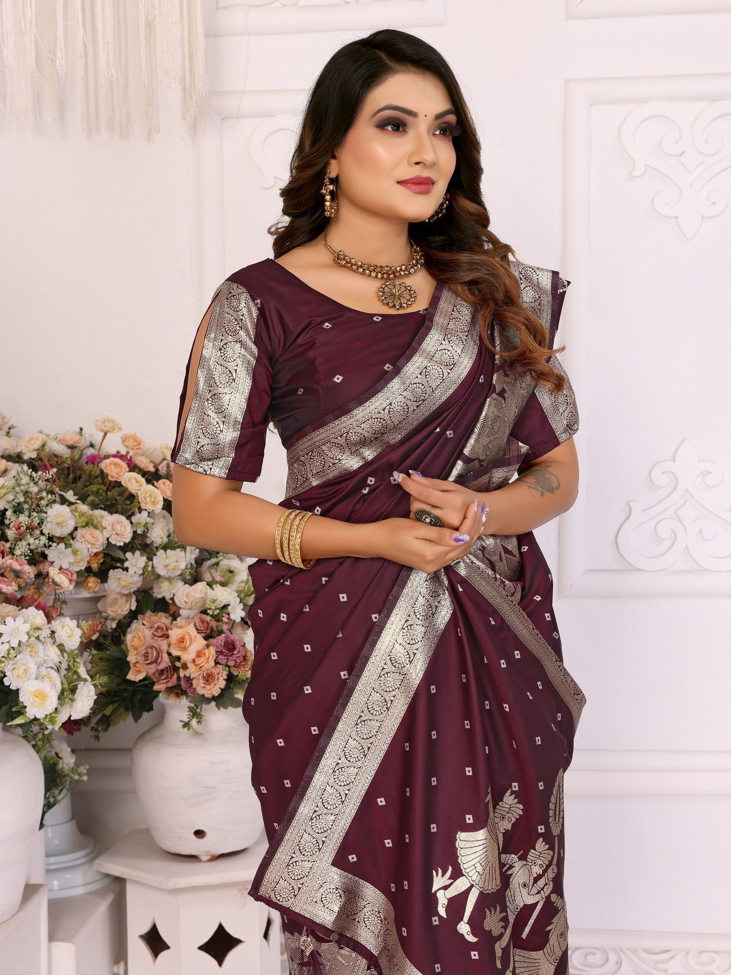 Dark Brown kochi Silk With Bandhej Weaving Saree With Blouse