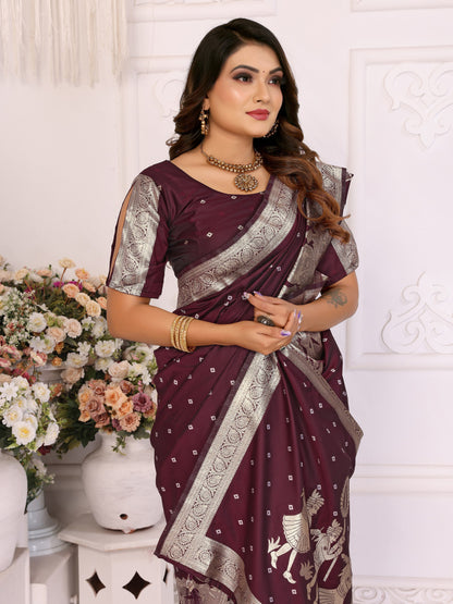 Dark Brown kochi Silk With Bandhej Weaving Saree With Blouse